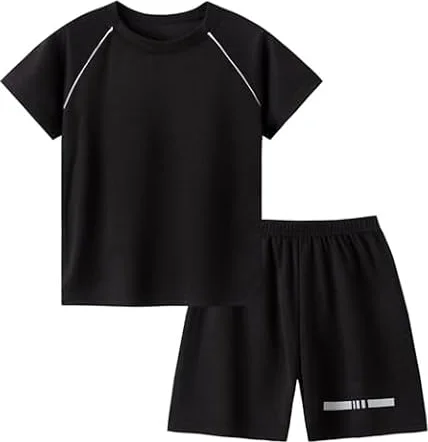[KISBINI] スポーツウェア キッズ 男の子 女の子 半袖Ｔシャツ+ハーフパンツ上下セットアップ2点 ジャージ メッシュ 夏服 吸汗速乾 通気 薄手 子供服 トップス+半ズボン カジュアル 五分丈パンツ ジュニア 普段着 通学 体操服 運動服 黒 140