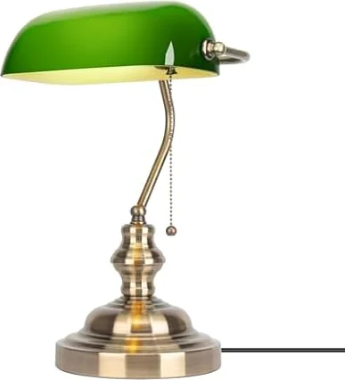 JEUNEU Green Glass Bankersデスクランプ、プルチェーンスイッチ付きオフィステーブルランプ、プラグイン照明器具、ブロンズ仕上げベースライト、寝室の図書館の職場など