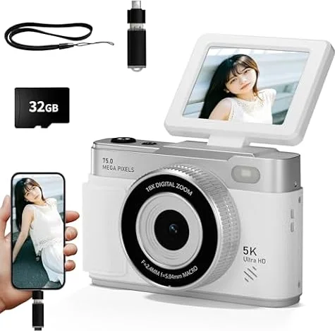 CLCRHBK デジタルカメラ 5K 7500万画素 スマホに転送 OTG対応 SONY IMXセンサー 32GBカード付 初心者 (ホワイト)