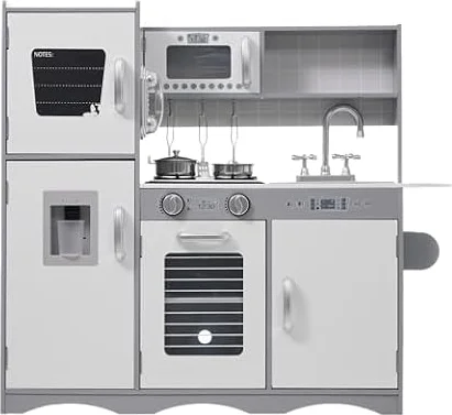 プレイキッチン おままごと キッチン 木製 ライト サウンド付き 台所 ウォーターサーバー 電話 食洗機 調理器具付き 調味料 知育玩具 コンロ 電子レンジ 家事 おもちゃ キッズ 誕生日 プレゼント【ホワイト＋グレー】
