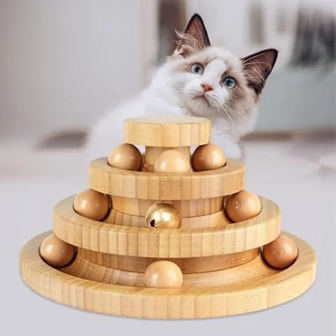 猫 おもちゃ ボール一人遊び 猫じゃらし 竹製 ボール回転盤 タワー ぐるぐる 猫玩具 ひとり遊び 猫用品 ペット用品 遊べる 運動不足 ストレス解消 (ブラウン)