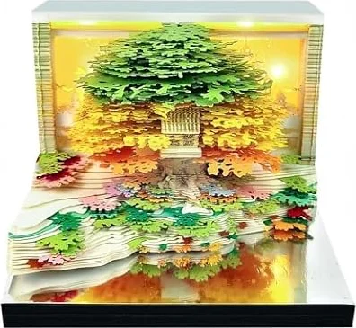 Olvar 立体カレンダー 卓上 メモパッド 紙彫刻 森の風景 透明保護ケース付き スケジュール管理 メモ帳 デスク装飾 オフィス 書斎 インテリア 卓上ディスプレイ 自然モチーフ (グリーン)