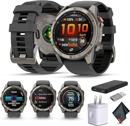 Garmin Fenix 8 Pro 51mm、AMOLEDディスプレイ、inReachテクノロジー、プレミアムコネクテッドマルチスポーツGPSスマートウォッチ、サファイア、チタン、グラファイト/ブラックシリコンバンド、フィットネストラッカースマートウォッチバンドル